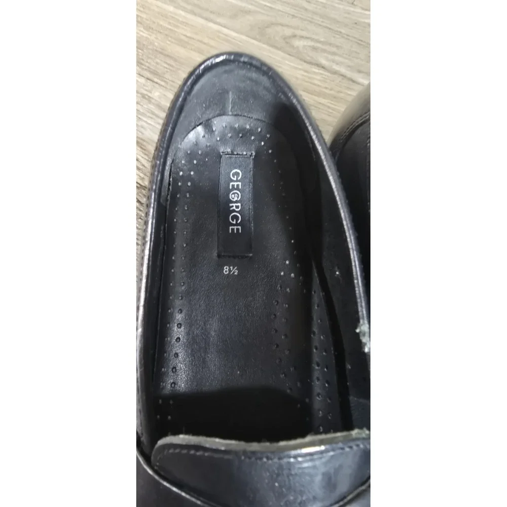 George‎ Men's Leather Slip-On Loafers US 8.5W Black Penny Loafer Woven Toe